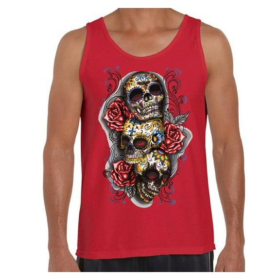 Awkward Styles Three Sugar Skull Tank Top for Men Sugar Skull Tank Day of the Dead Muscle Shirt for Men Halloween Gifts Dia de los Muertos Outfit Sugar Skulls Tank Top Skull Red Roses Muscle Tank
