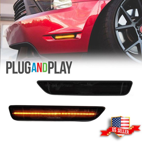 GTINTHEBOX  2pcs Black Lens Front Side Marker Lights Amber LED Kit For 2010-2014 Ford Mustang