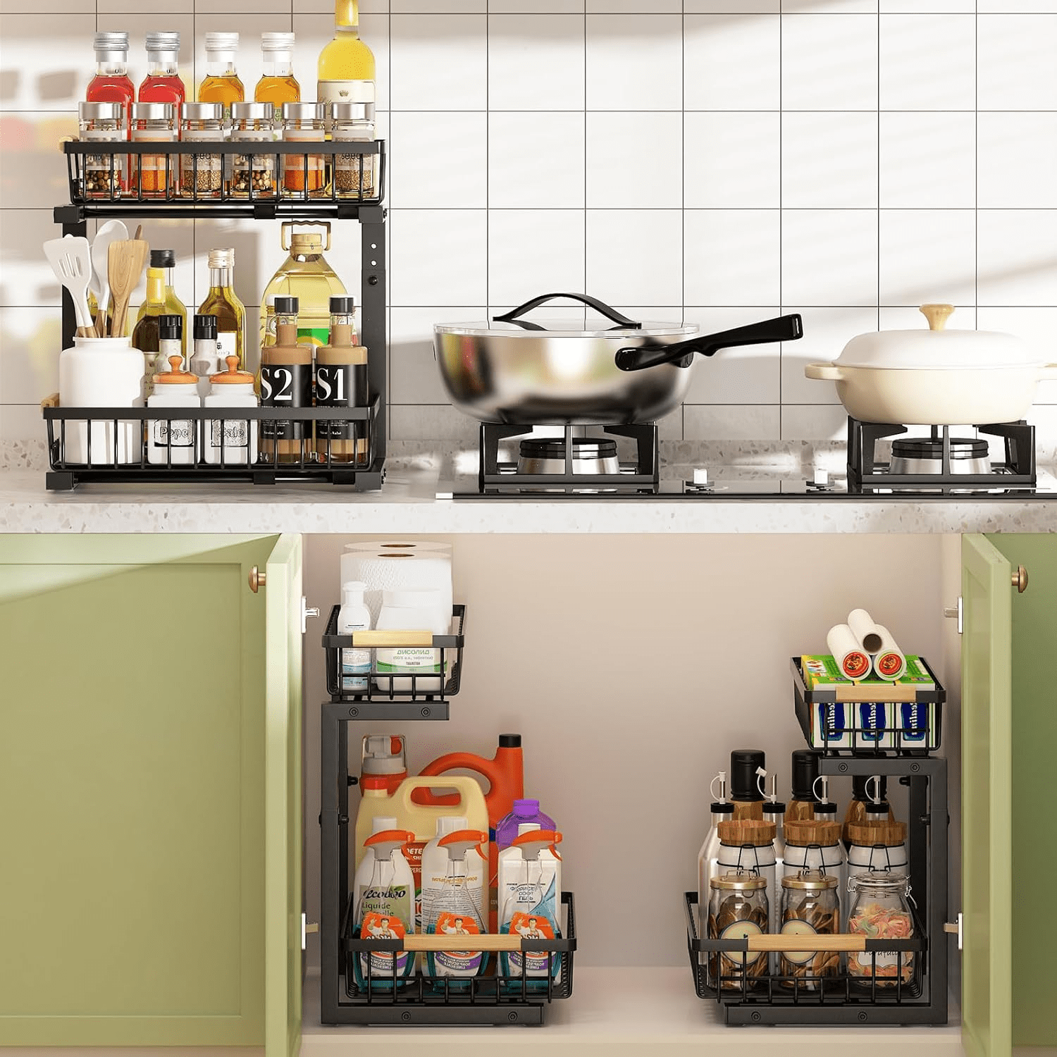 Under Sink Organizer, Height Adjustable Under Sink Organizers and Storage, 2 Tier Pull Out Drawer Cabinet Organizer for Kitchen Bathroom Pantry Closet Organi