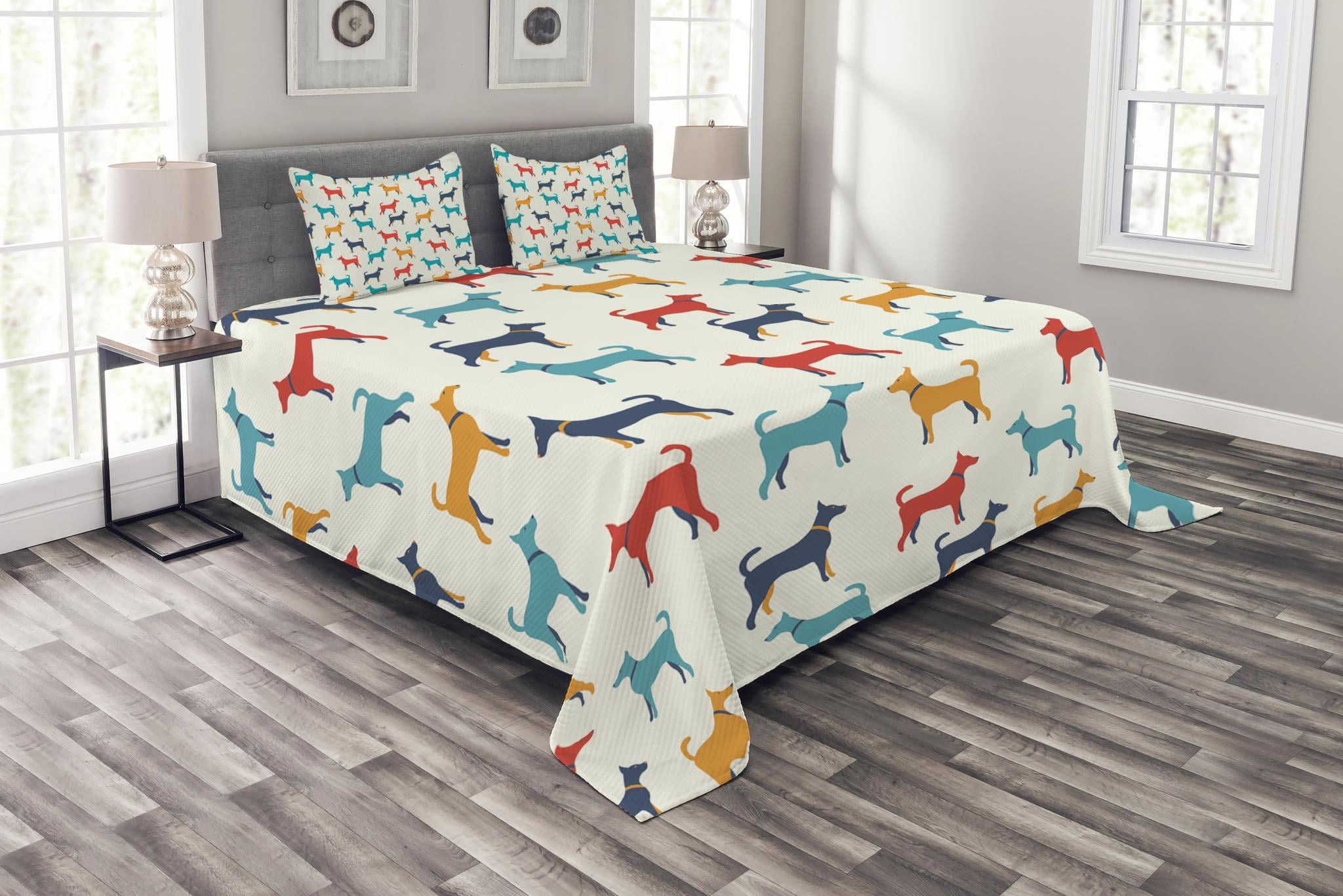 Dog Bedspread Set, Contemporary Colorful Illustration of Dog Figures