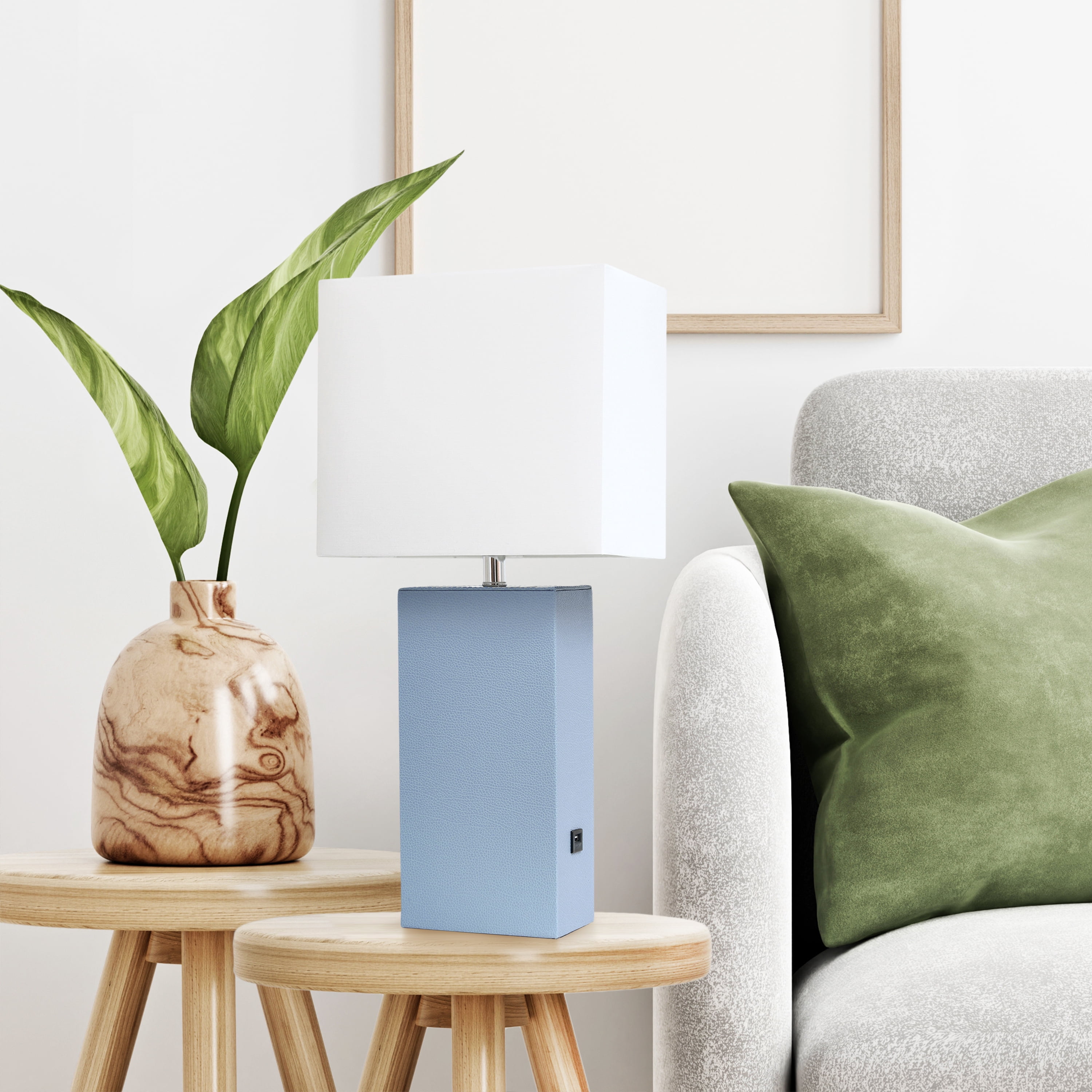 Lalia Home 21" Leather Modern Bedside Table Lamp with USB Port and LED Bulb, Periwinkle