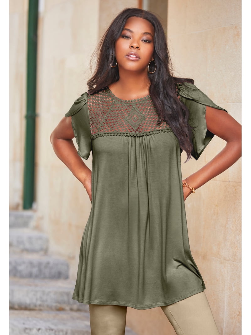 plus size lace tunic dress Roaman's Women's Plus Size Lace Yoke Pleated Tunic