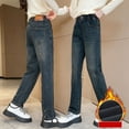 thumbnail image 6 of MKOSPLRT Fleece Lined Jeans for Girl 4-14Y High Elastic Waist Warm Denim Pants Thick Straight Leg Jeans Retro Jeans with Pocket, 6 of 10