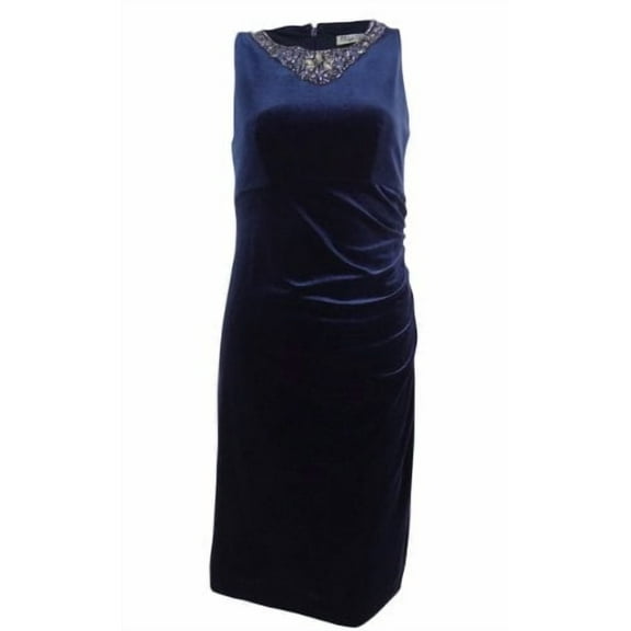 Eliza J Embellished Ruched Velvet Sheath Dress (8, Navy)