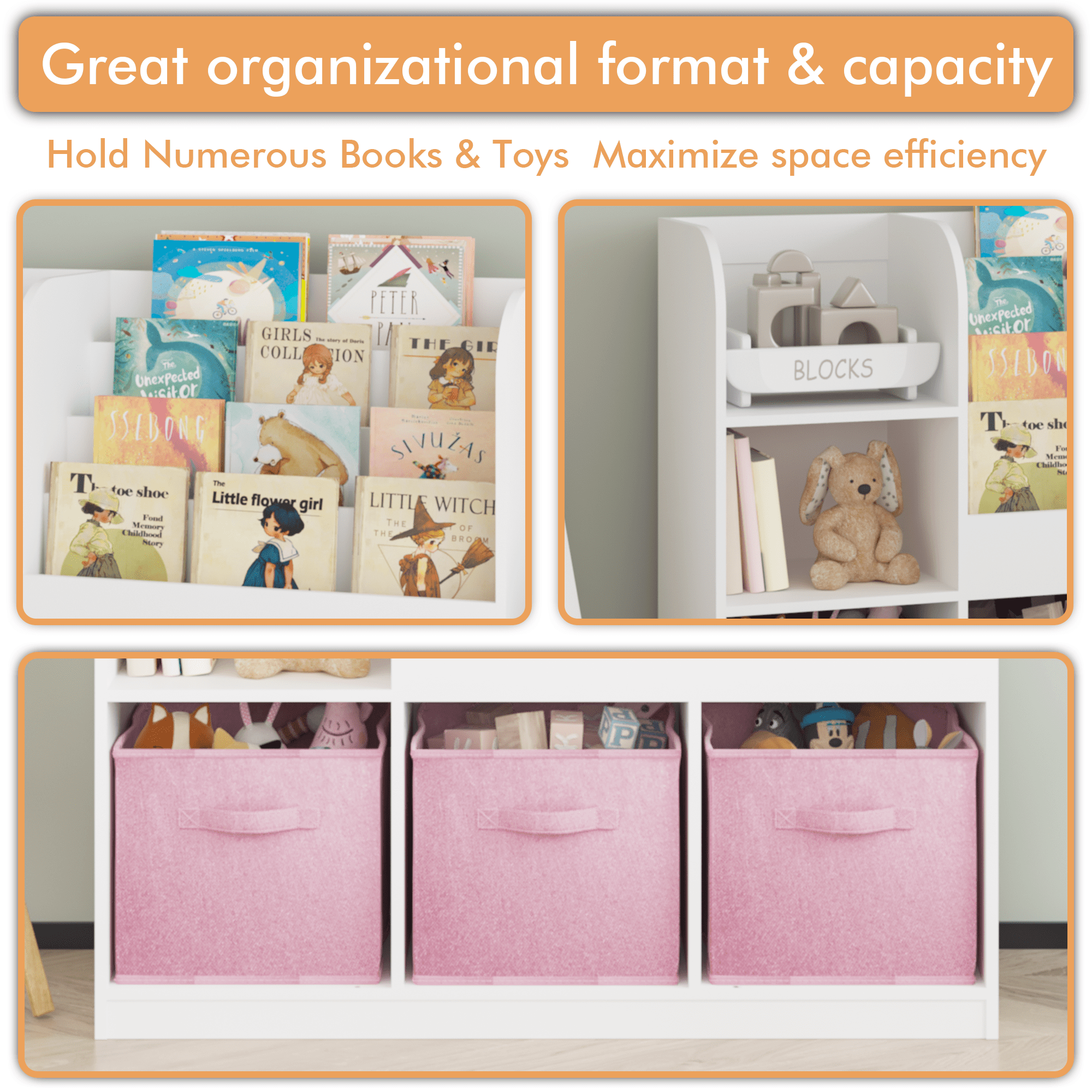 Aukfa Kids Bookcase with 3 Collapsible Drawers,Bookshelf Display Stand Toy Storage Organizer for Bedroom/Playroom,Pink