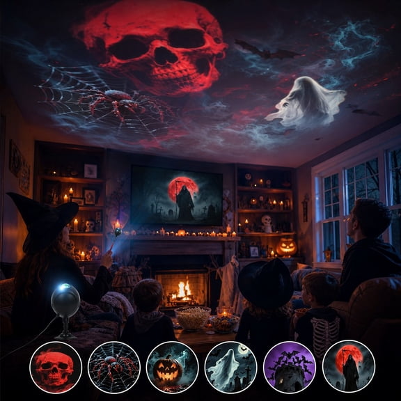 Halloween HD Star Projector with 6 Discs USB Plug and Play, Moving Ghost Pumpkin Bat Ceiling Wall Lights for Indoor Car Decor