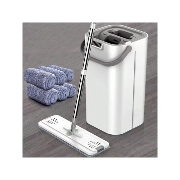 Mop And Bucket With Wringer Set, Hands Free Flat Floor Mop And Bucket, 6 Washable Microfiber Pads Included, Wet And Dry Use, Home Floor Cleaning System For All Floor Types And Windows