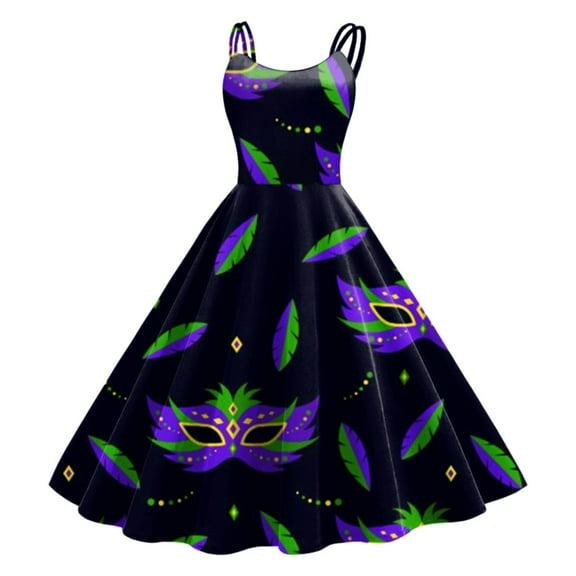 Mardi Gras Outfit Women Sleeveless Knee Length Retro A Line Flared Swing Formal Prom Party Dress Black M