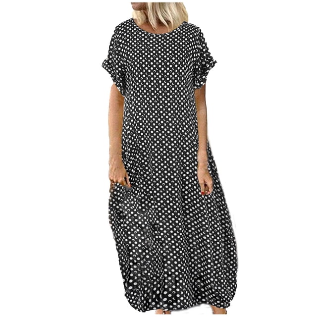 SMihono Robe Maxi Bohème d'Été pour Femmes Grande Taille Femmes Grande Taille Poches Col Rond Imprimé à Pois Manches Courtes Robe Longue Décontractée Robe de Plage Évasée