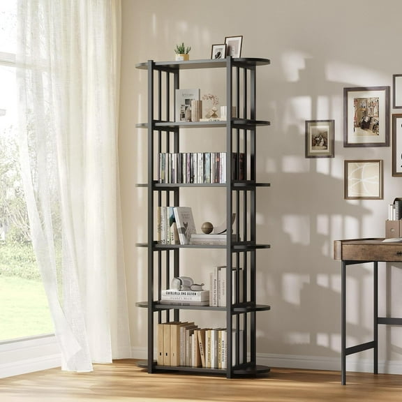 Twister.CK 6-Tier Industrial Bookshelf, Rustic Wood Bookcase with Metal Frame, Open Storage Display Rack for Living Room Office Bedroom, Black