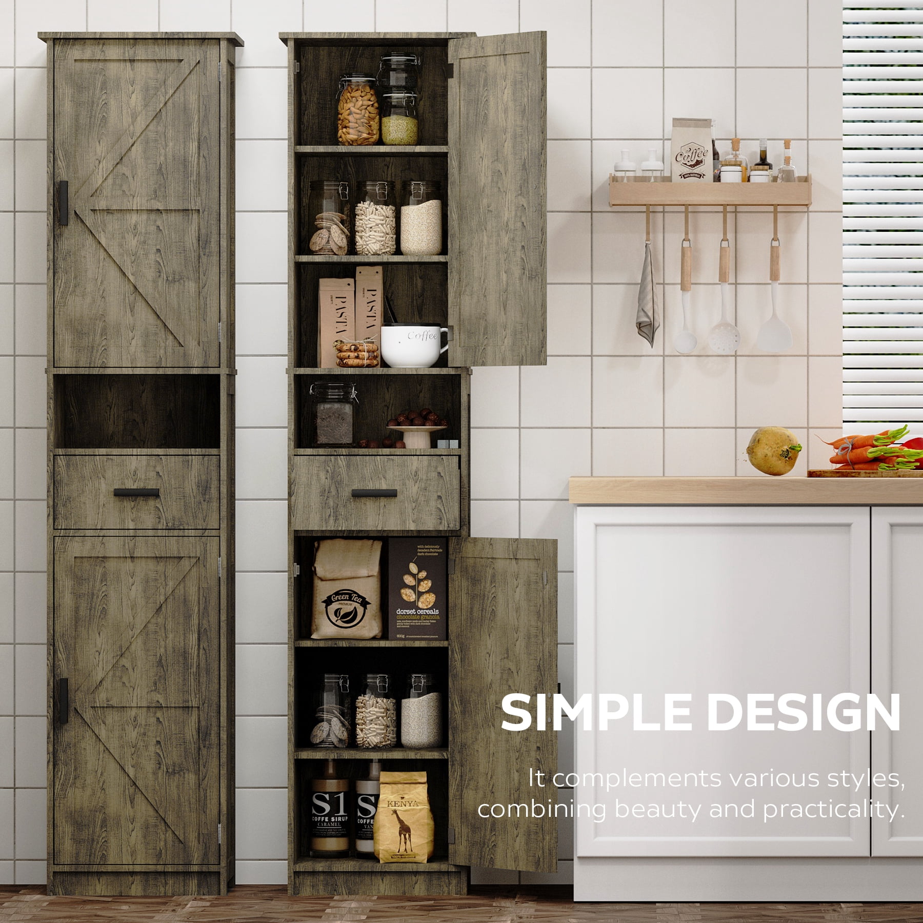 69" Bathroom Cabinet, Modern Floor Tall Cabinet With 1 Drawer, 2 Doors And Adjustable Shelves, Narrow Storage Cabinet For Home, Kitchen, Living Room
