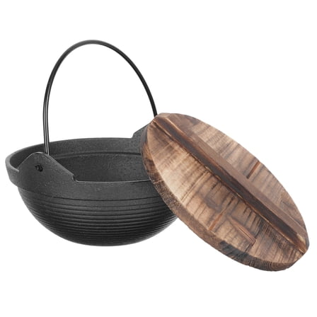 WASHWEPE Small Hot Pot for Cooking Use Made of Iron with Cedar Lid Black Color Portable and Lightweight