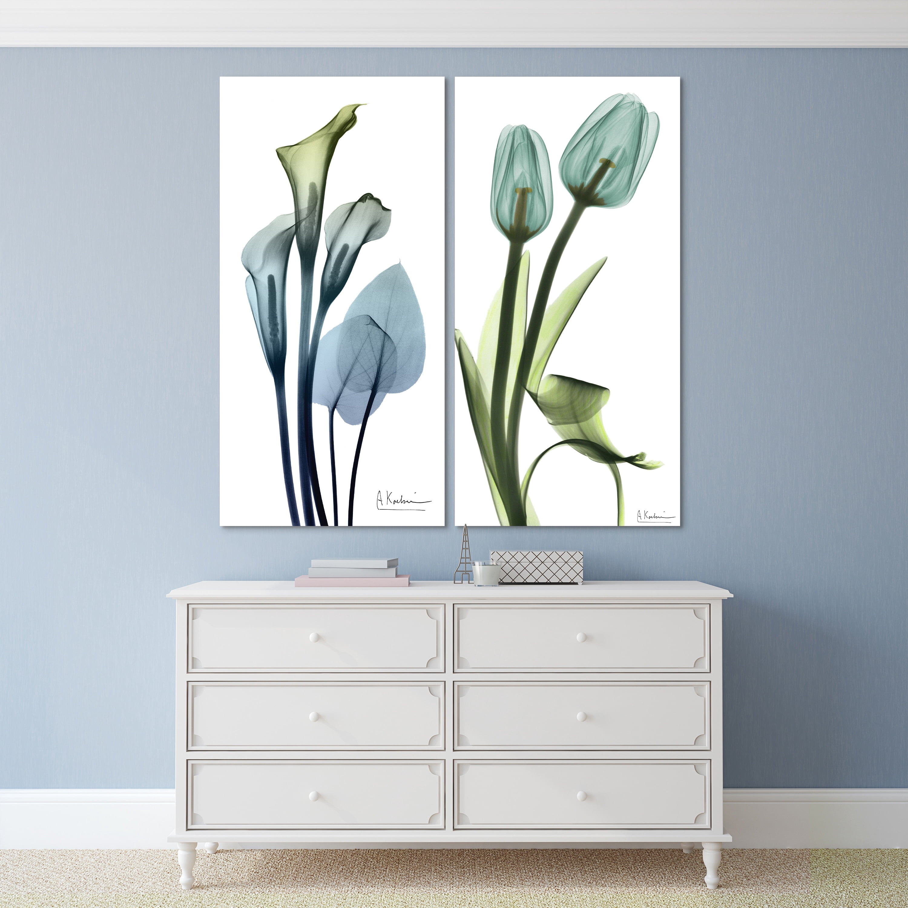 Empire Art Direct Calla Lily and Blue Tulips Frameless Free Floating Tempered Glass Panel Graphic Wall Art Set of 2, 72" x 36" x 0.2" each, Ready to Hang