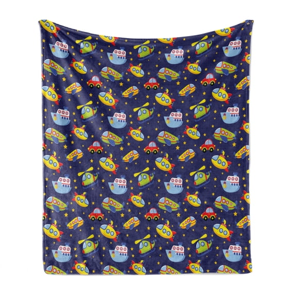 Cartoon Airplane Soft Flannel Fleece Blanket, Transportation Theme Boys Playroom Pattern with Cars Submarines and Planes, Cozy Plush for Indoor and Outdoor Use, 50" x 60", Multicolor, by Ambesonne