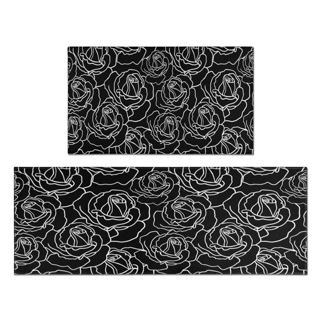 Boho Floral Kitchen Mat Set in Chic Black and White: Anti-Fatigue Kitchen Rug Non-Slip Set of 2 Enhance Your Farmhouse Décor