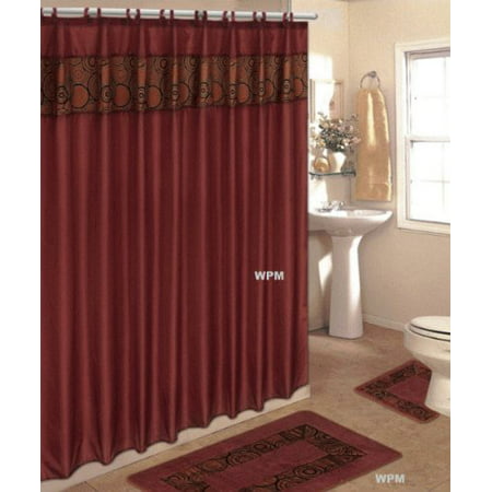 4 Piece Bath Rug Set Rust Flocking Bathroom Rugs with Fabric Shower Curtain and Matching Rings 
