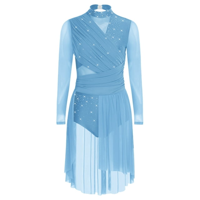 CHICTRY Robe de Danse Lyrique pour Femme Froncée Dos Nu Robes de Patinage Artistique Robe de Danse Moderne Bleu Poussiéreux S