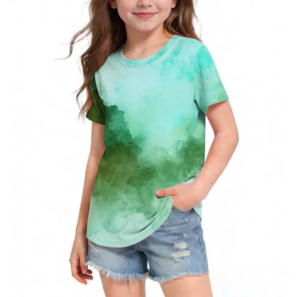 Blusas y camisas de manga corta con cuello redondo Camiseta estampada de manga corta para niños Cuello redondo Media manga Casual Versátil Top de poliéster para niñas