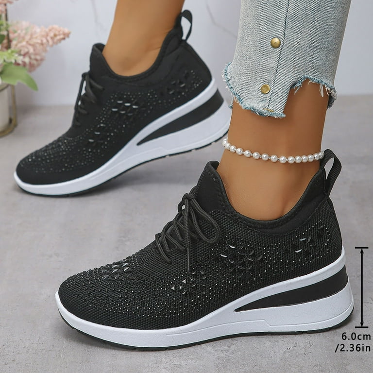 Dakaela Women's Glitter Fashion Sneakers Sparkly Platform Wedge Walking  Shoes Rhinestone Wedding Bride Dress Tennis Shoes Black 7 - Walmart.com