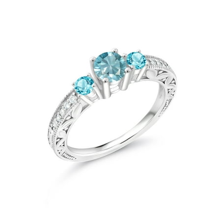 Topaz Zircon Ring - 1.28 Ct Round Blue Zircon Swiss Blue Topaz 925 Sterling Silver Ring