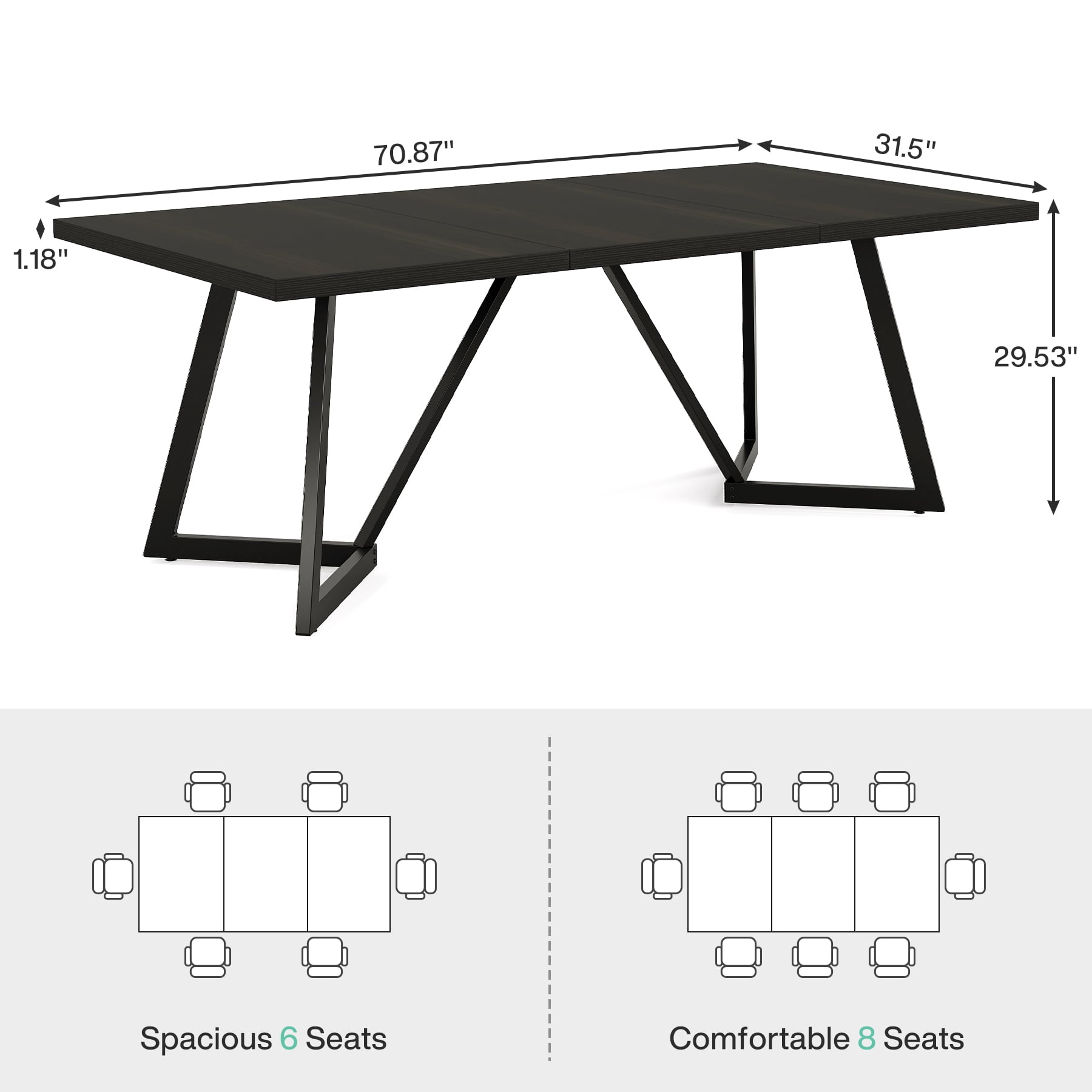 MAYEERTY 70.96 Inch Modern Dining Table Black Brown Wood Grain MDF Top Metal Iron Legs