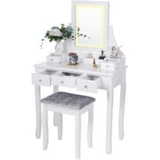 BEWISHOME Vanity Set with Lighted Mirror Dimming, 31.5 Inch Modern White Finish with Touch Screen Switch & Cushioned Stool FST07W