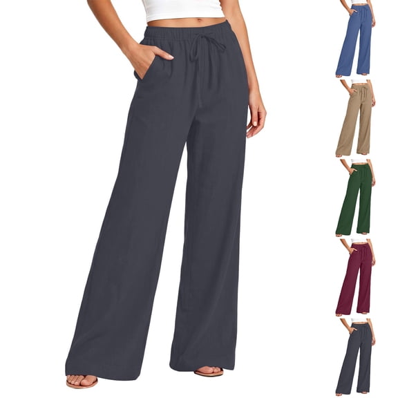 YTCAMLO Womens Cotton Pants Elastic High Waist Casual Palazzo Trousers with Pockets Casual Lightweight Breathable Flowy Wide Leg Pants