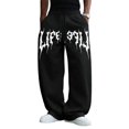 thumbnail image 2 of Men's Gothic Letter Graphic Wide Leg Sweatpants Elastic Waist Drawstring Loose Fit Hip Hop Street Casual Baggy Trousers for Everyday Outfit Black XL, 2 of 5
