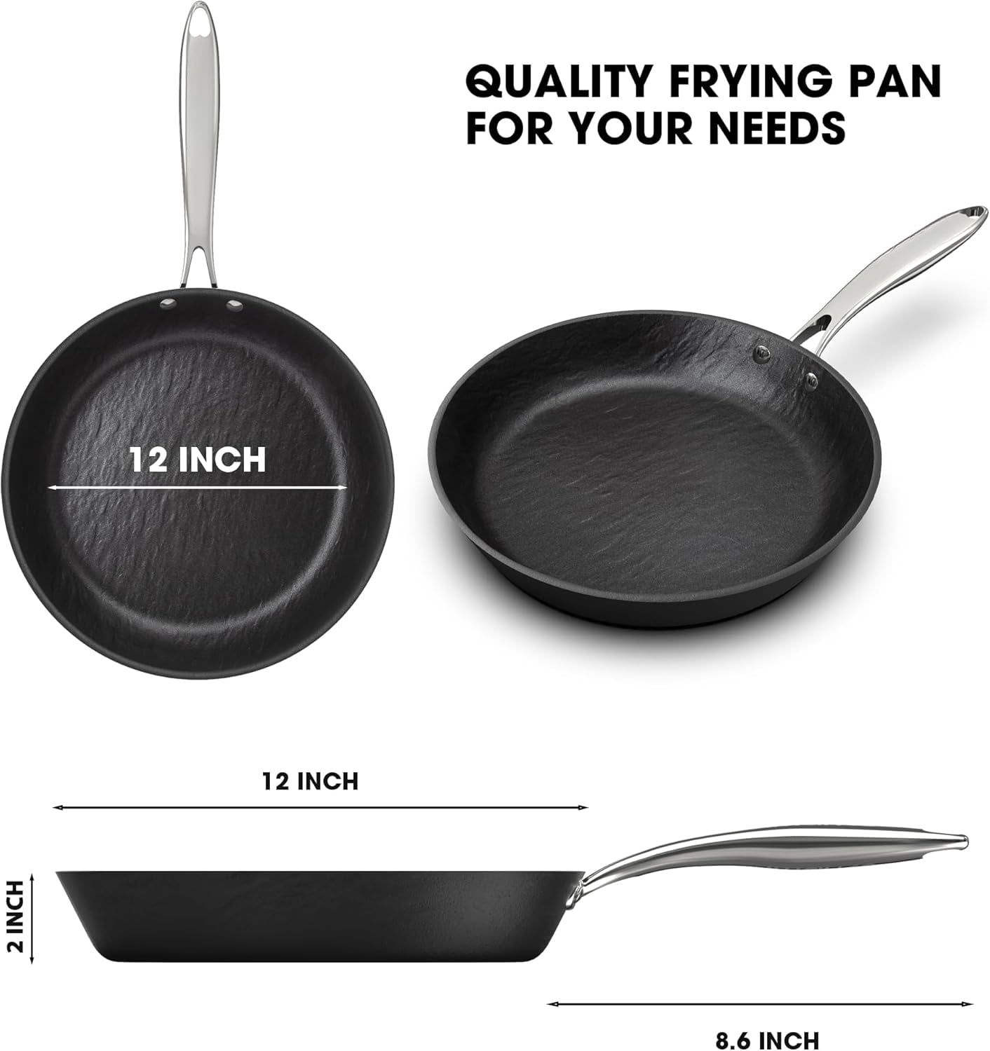 12 inch Non Stick Frying Pan, Large Skillet Nonstick, Dishwasher & Oven Safe for Cooking with Cool Stainless Steel Handle, Easy Cleanup