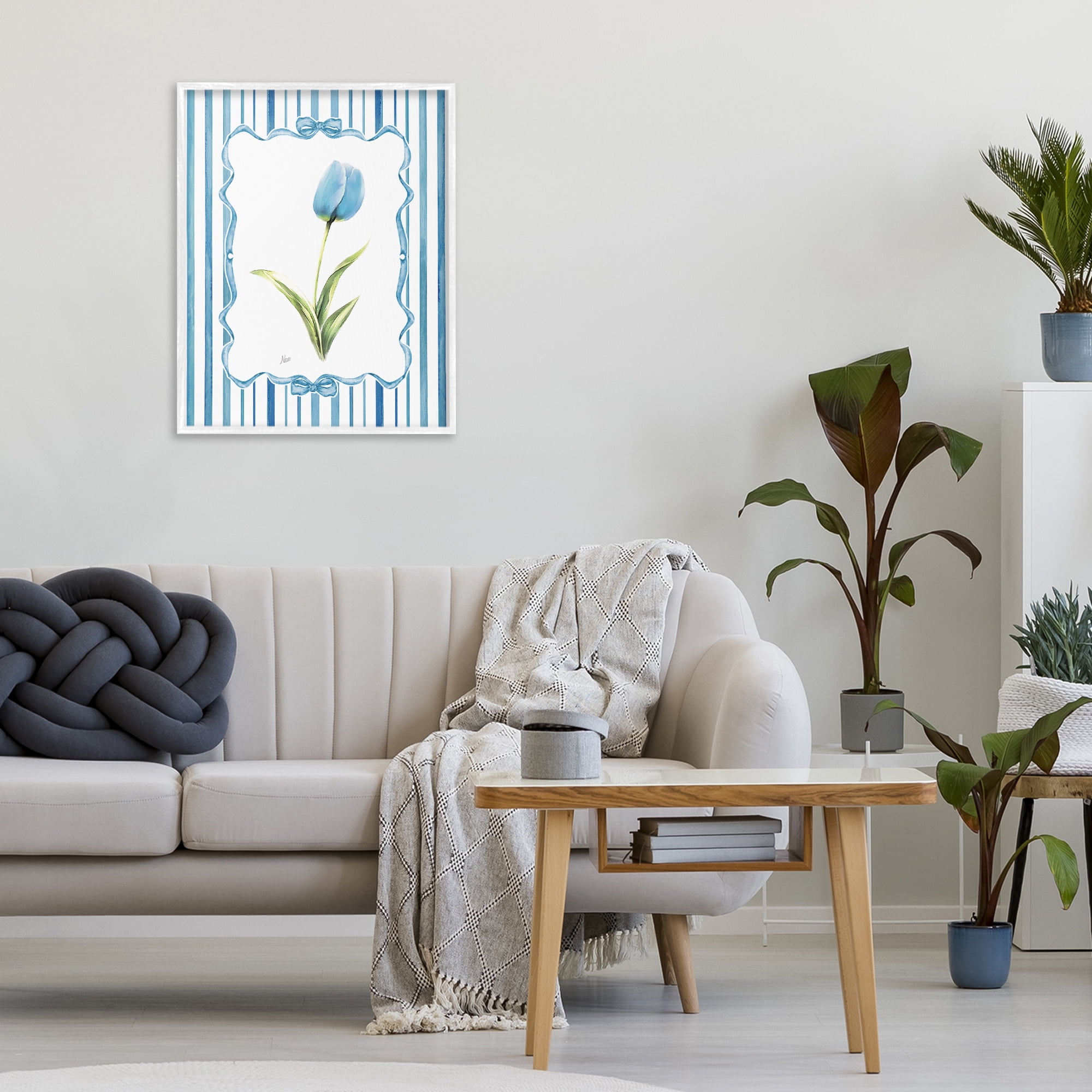 Stupell Industries Blue Tulip & Ribbon Border White Framed Giclee Art, design by Nan