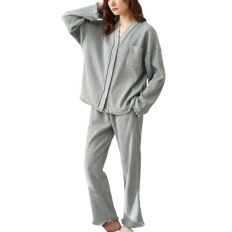 Homgro Women's Waffle Knit Pajama Set 2 Piece Button Up Long Sleeve Shirt  Pants Set Comfy Cotton Pjs Cute Loose Lounge Set Grey 4-6