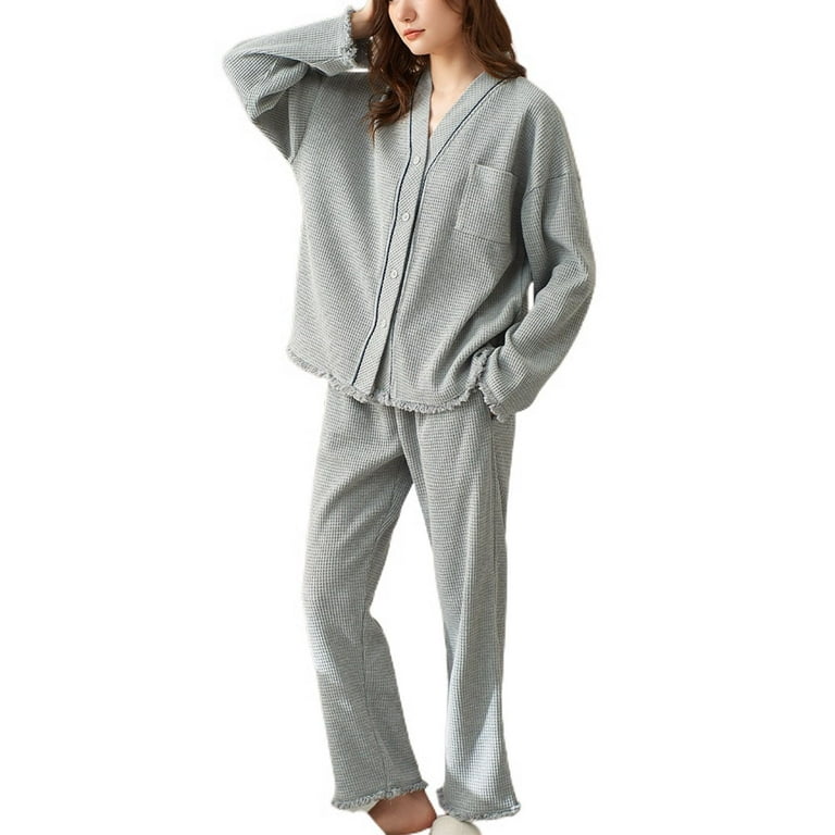 Homgro Women's Waffle Knit Pajama Set 2 Piece Button Up Long Sleeve Shirt  Pants Set Comfy Cotton Pjs Cute Loose Lounge Set Grey 4-6