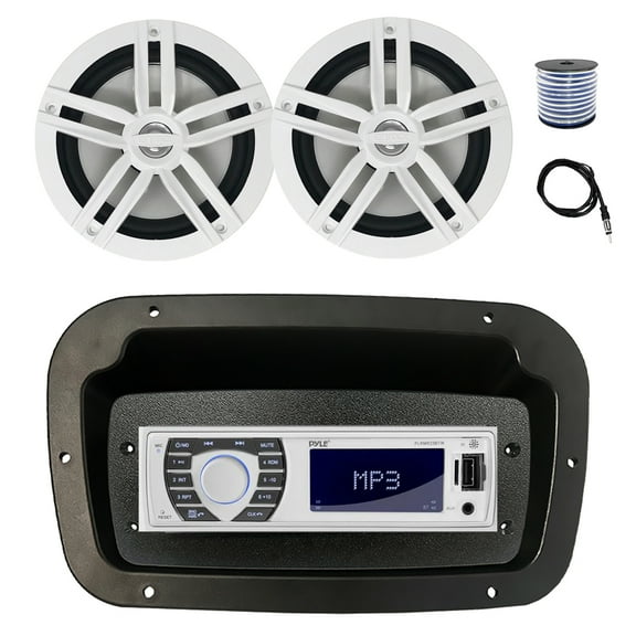Pyle PLRMR23BTW Single DIN Bluetooth Marine MP3 Stereo Receiver, Spa bezel, Adapter Plate, 22" Radio Antenna, Wire, 2x 6.5" 180 Watt Peak Power 2-Way Boat Audio Speakers (White)