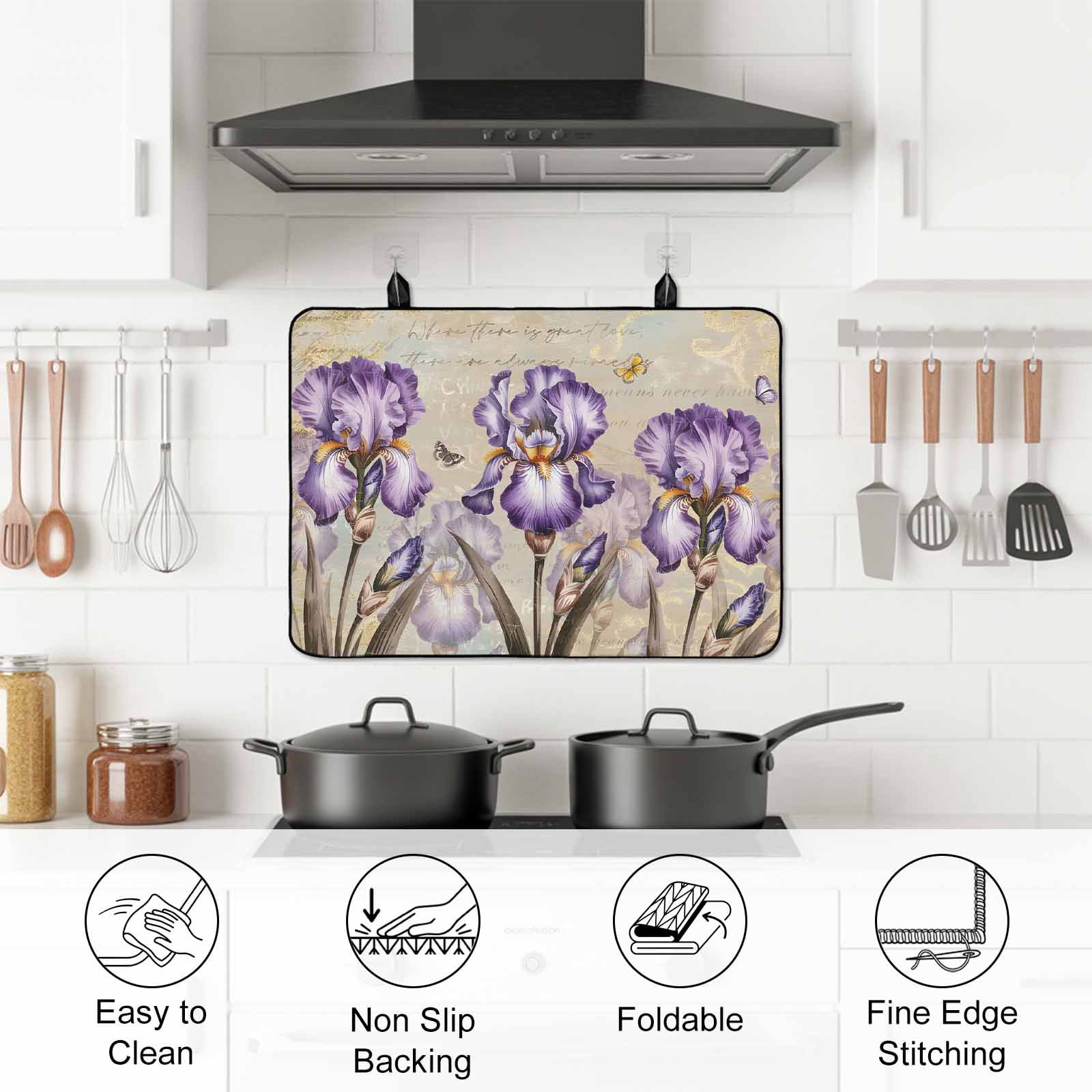 Purple Iris Stove Top Cover for Electric Stove, Heat-proof & Non Slip Glass Top Stove Cover Protector, Spring Vintage Flowers Butterfly Leaves Khaki Kitchen Flat Cooktop Rubber Mat 31x24 Inches
