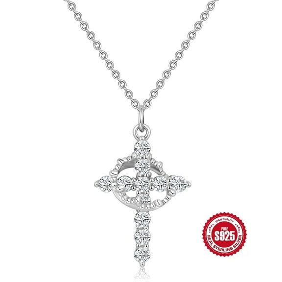 HESHPAWS S925 Sterling Silver Cross Rotating Crown Necklace, Women's Zircon Cross Necklace Exquisite Pendant Necklace