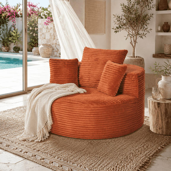 Boneless Lounge Chair, Compressed Full Foam Corduroy Sofa Chair with 3 Pillows, Rounded Lazy Floor Couch, No Assembly Lounge Sofa for Living Room, Bedroom, Apartment, Orange