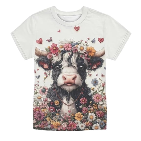 Lullu Girls Cow Print Short Sleeve T-Shirt Graphic Tee Casual Crewneck T Shirt, Sizes 1-13