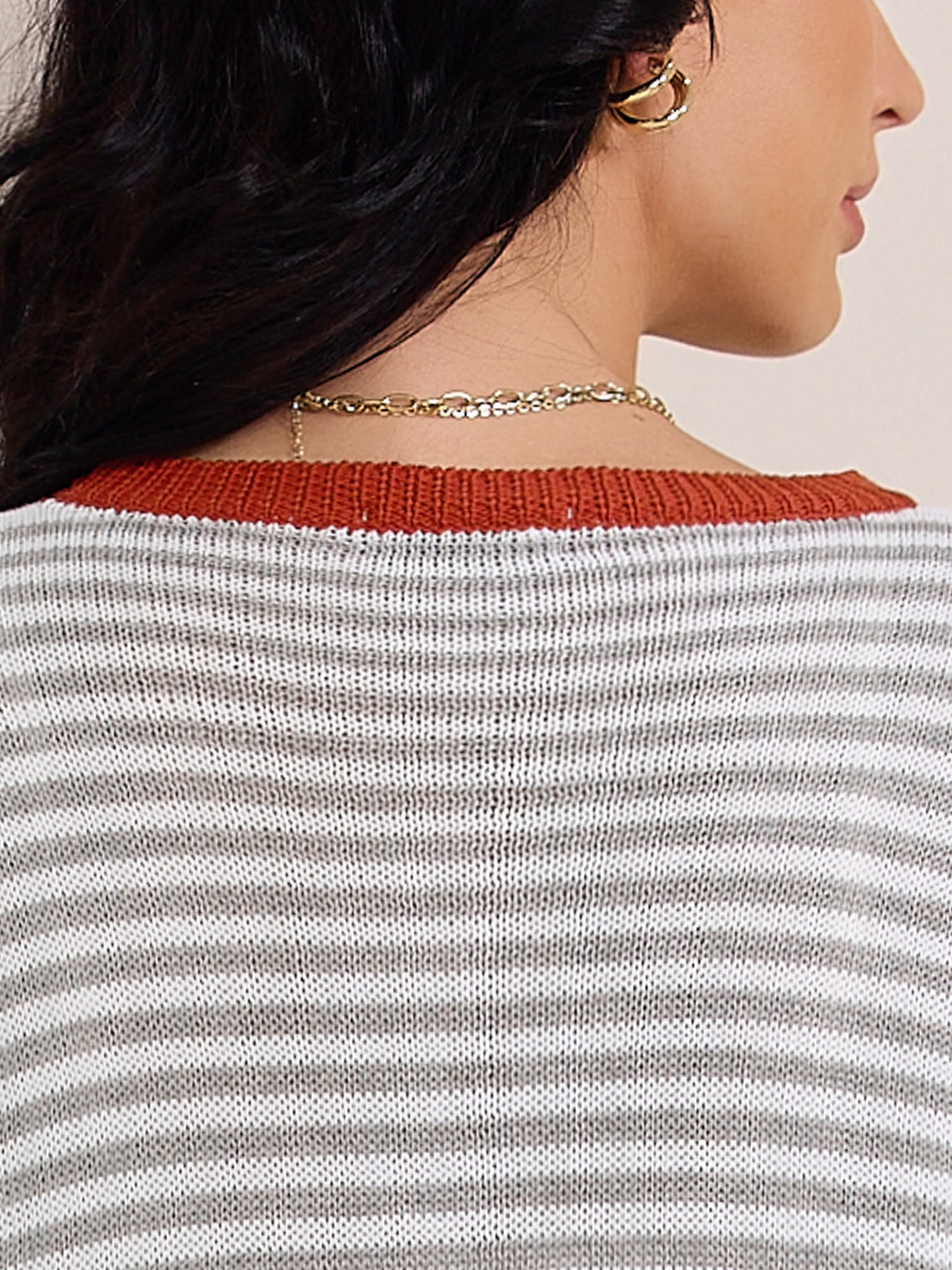 DARING DIVA Women's Striped Crew Neck Loose Knitted Sweatshirts 2XL Light Gray