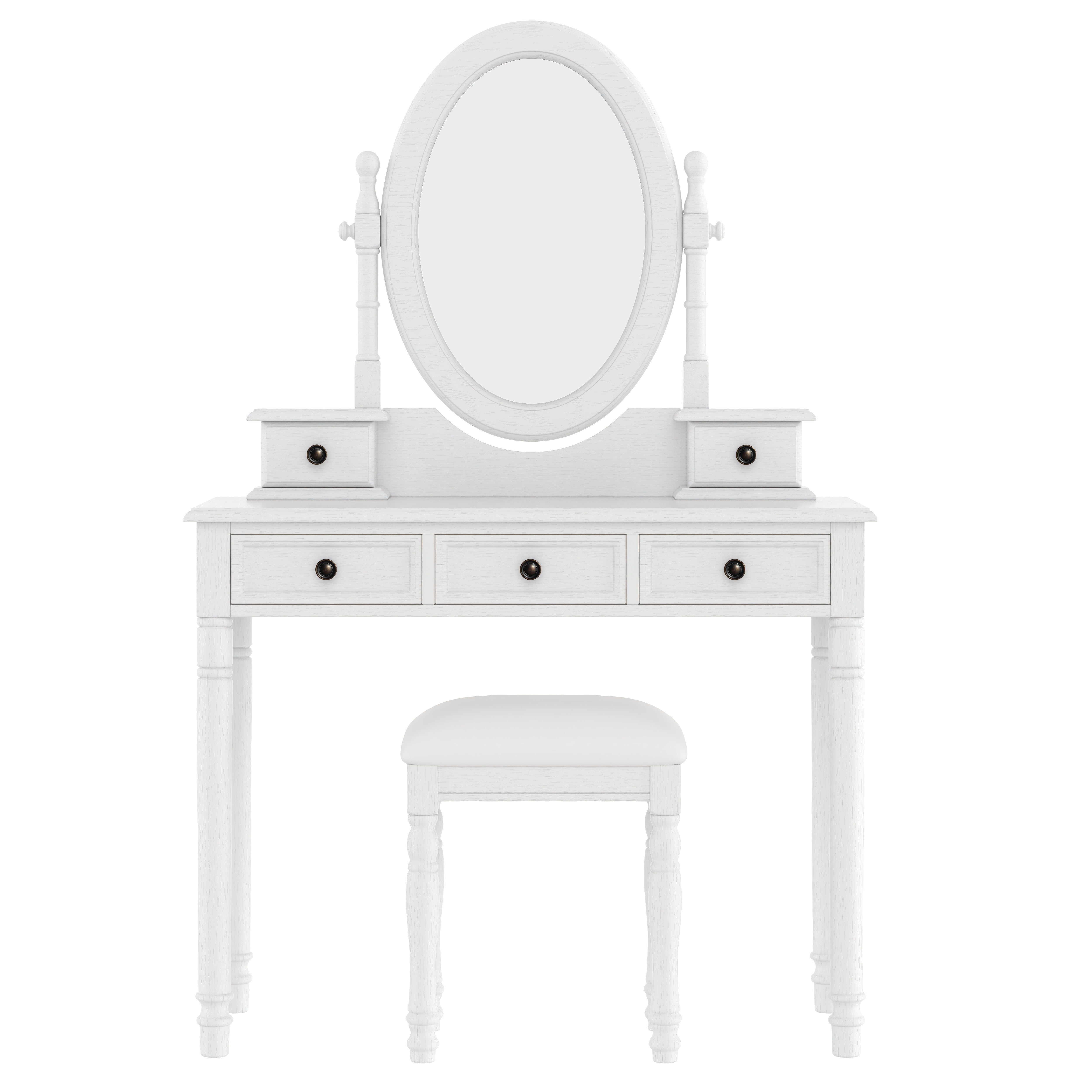 Euroco Vintage Wooden Vanity Desk Set with Adjustable Mirror, Cushioned Stool & 5 Velvet-Lined Drawers, Solid Wood Makeup Table with Oval Mirror and Carved Details