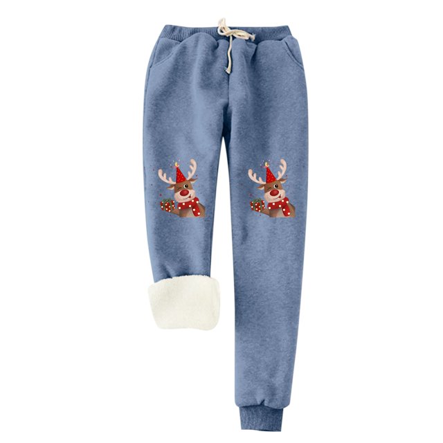Gibobby pantalones deportivos Mujer estampado navideño Otoño Invierno terciopelo bolsillos cálidos cintura elástica pierna deportes pantalones casuales (Azul, L)