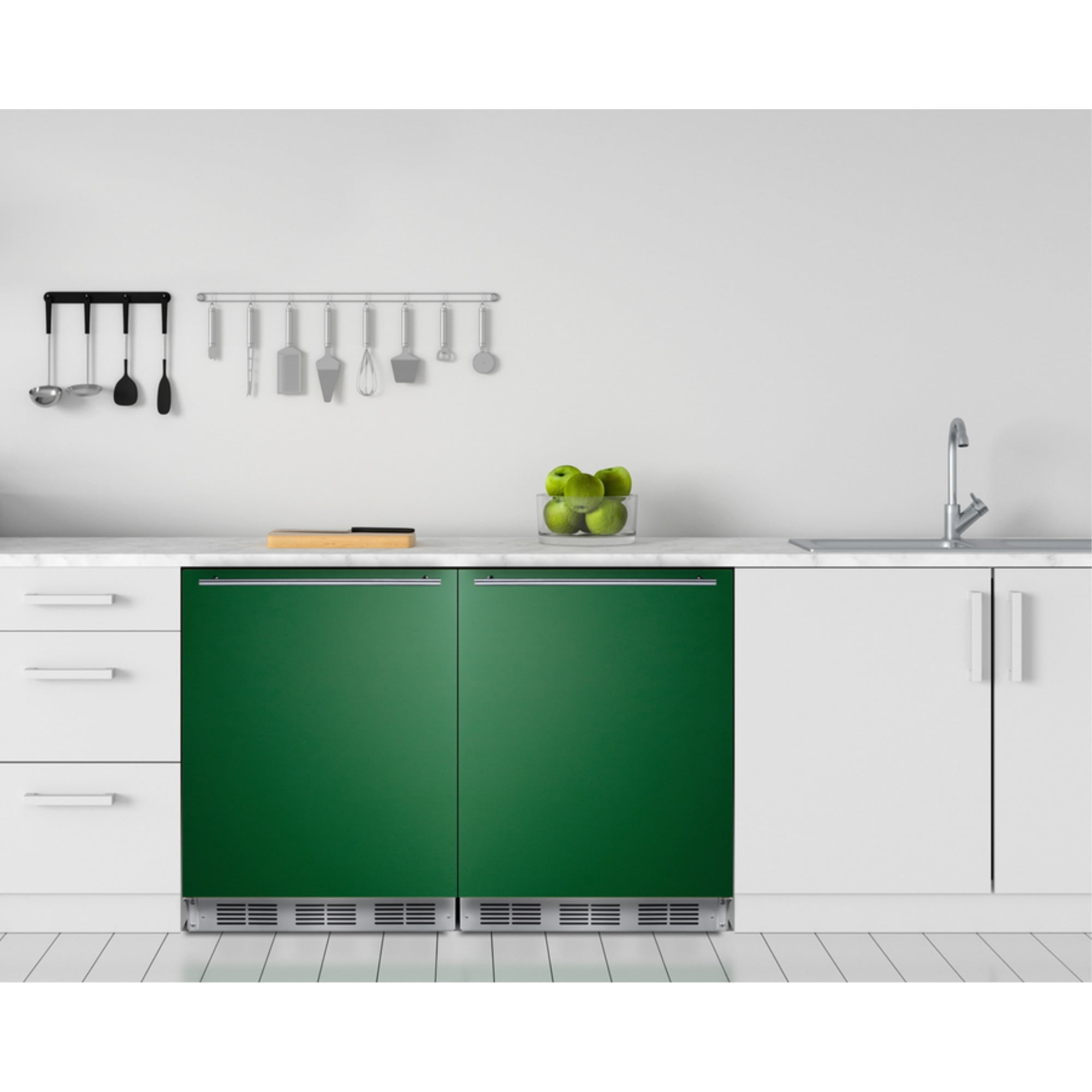 Undercounter 24 Inches all-refrigerator for residential use with emerald green door, stainless steel handle, and black cabinet