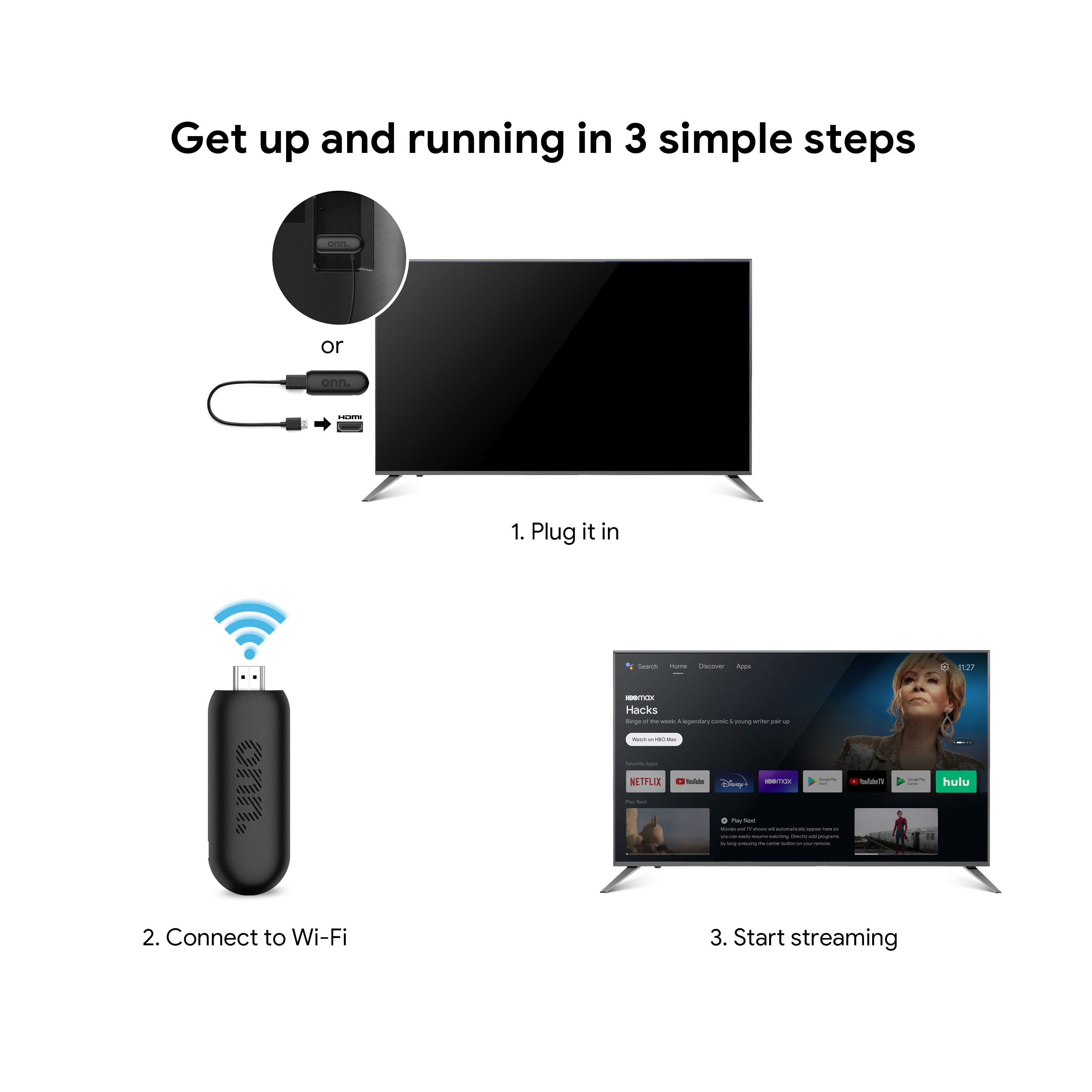 onn. Android TV 2K FHD Streaming Stick with Remote Control & Power Adapter - image 6 of 14