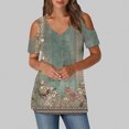 thumbnail image 7 of Cold Shoulder Tunic Tops for Women Graphic Prints V Neck Short Sleeve T-Shirts Loose Fit Summer Casual Blouses (S, Green|Flower), 7 of 7