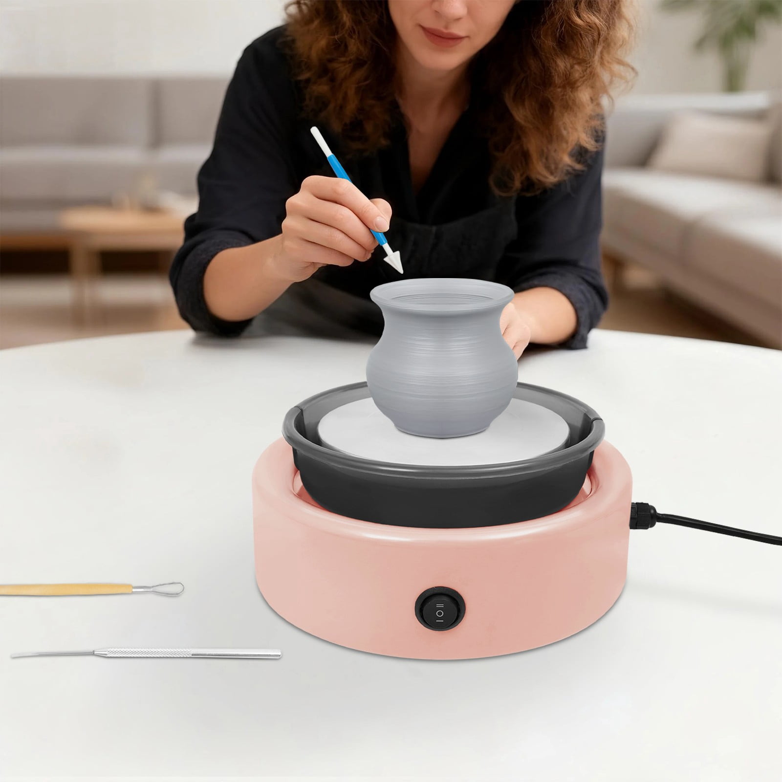 Ceramic Drawing Machine, Adjustable Speed Pottery Wheel with Foot Pedal and Direction Switch, Pink Electric Ceramic Machine for Home Use