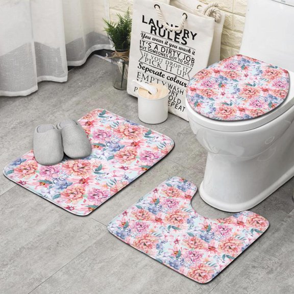 Pioneer Flower Floral Print Pattern Bathroom Rugs Sets 3 Piece,Toilet Cover Set,Absorbent Non Slip Bathroom Mats Sets with U-Shaped Contour Rug Toilet Rug Set
