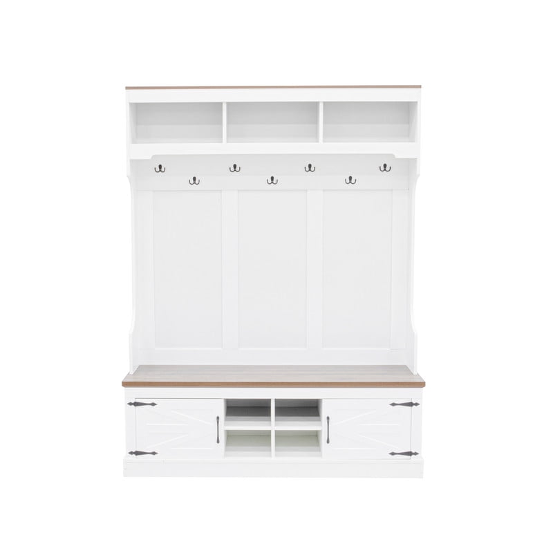 5-in-1 Farmhouse Hall Tree Bench and Shoe Storage, Entryway Storage Organizer Cabinet with Coat Rack,4 Shoe Cubbies & 7 Hooks for Hallway, Entryway, Living Room