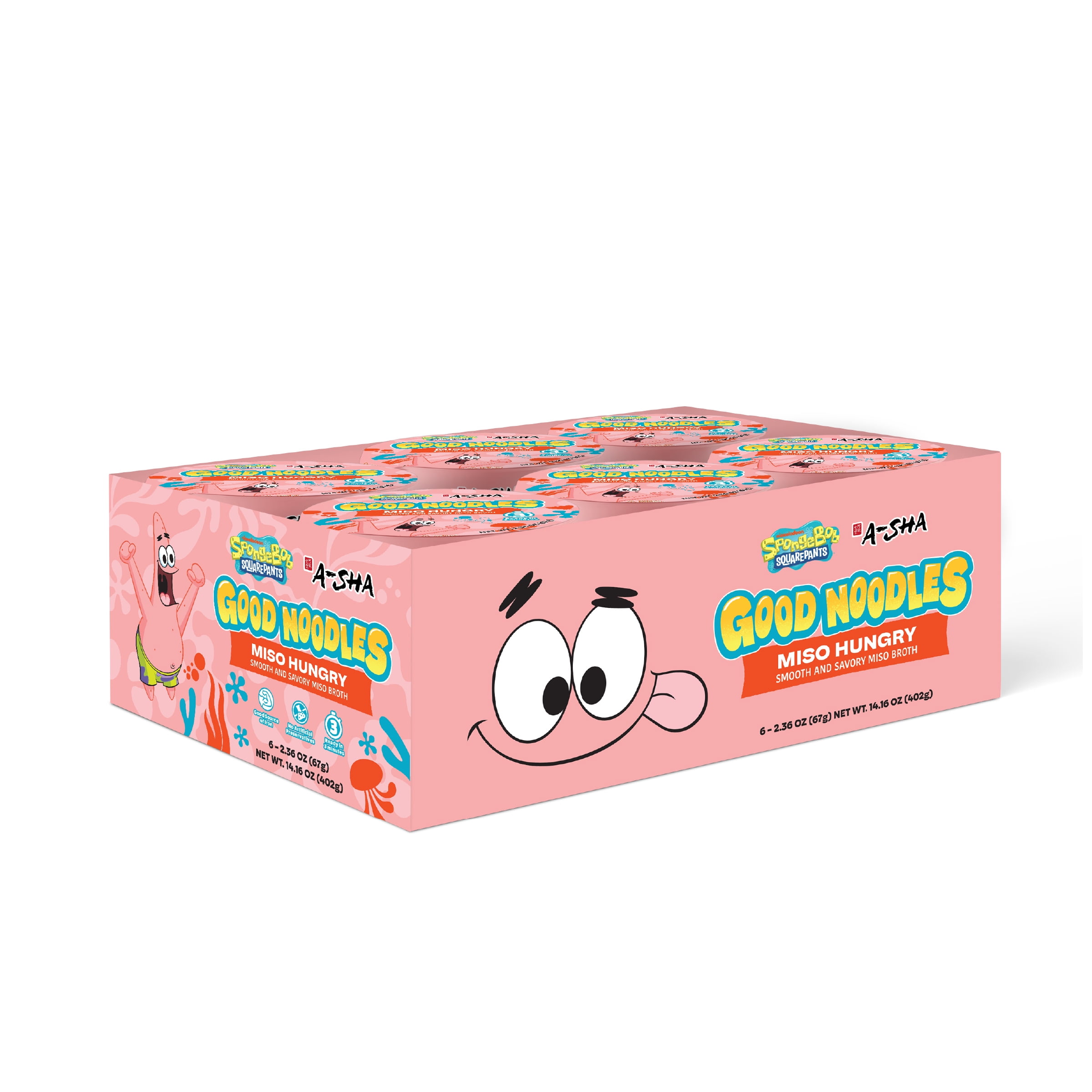 A-Sha & SpongeBob Squarepants Good Noodles (6 Pack) | Patrick Star Miso Hungry Flavor | Better For You Microwaveable Ramen Soup Mix