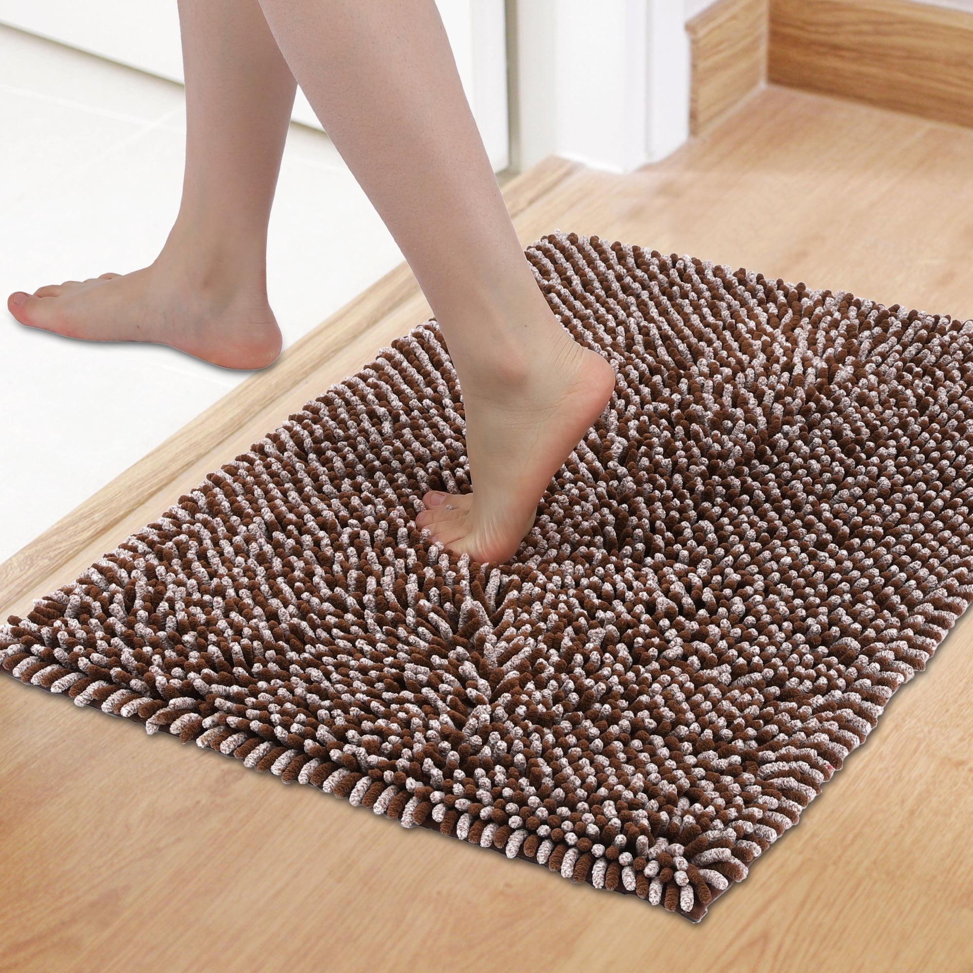 Unique Bargains Non Slip Absorbent Chenille Bathmat Washable Soft Bath Rug Brown 20" x 30"