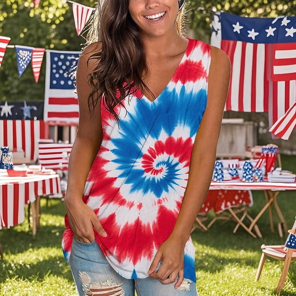 Jsaierl Womens Independence Day Tank Tops Plus Size Patriotic American Flag Print Tees Loose Fit Sleeveless T Shirts Cami Athletic V Neck Tanks S-XXL