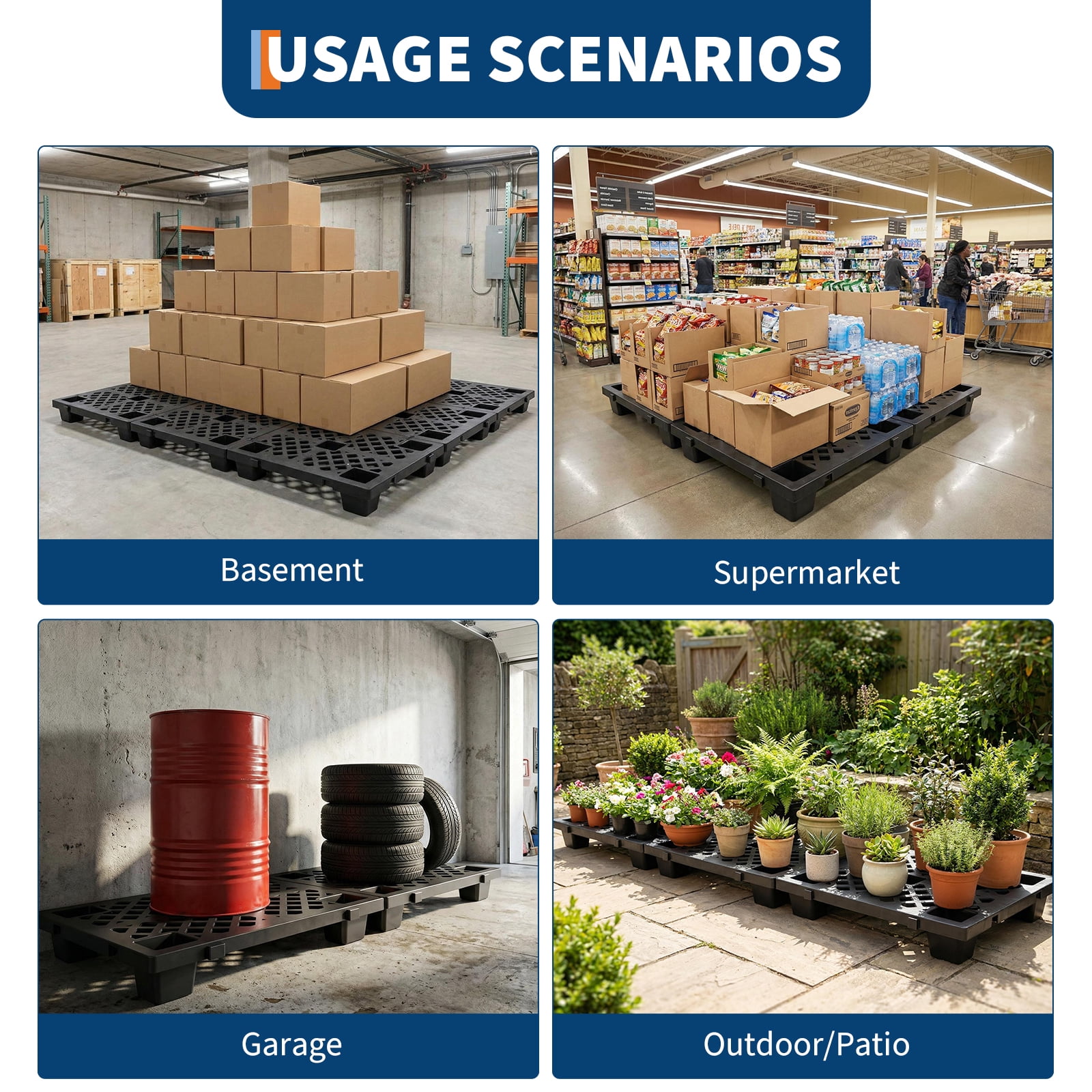 Gaderth Black Plastic Pallets, Interlocking & Nestable Floor Tiles, Nestable Polyethylene Pallets, Heavy Duty HDPE Grid Pads for Garage, Basement, Warehouse, 19.7" x 11.8" x 3.9"
